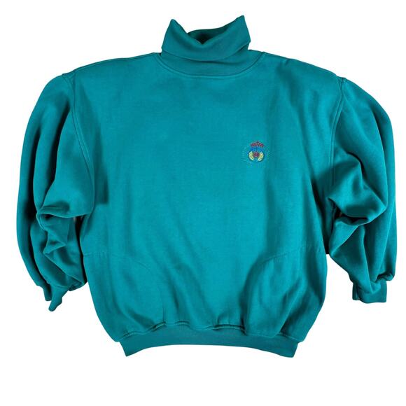 Vintage Nordstrom Lingerie Teal Mock Neck Sweatshirt L | Embroidered Crest Korea - Picture 3 of 13